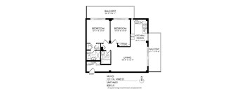 A drawing of a house layout with a balcony, two bedrooms, a bathroom, a living room, a kitchen, and a dining area.