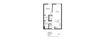 A black and white image of a floor plan for a home with a bedroom, living room, closet, bathroom, and entry.