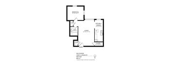 A floor plan of a one bedroom apartment with a living room and a kitchen.