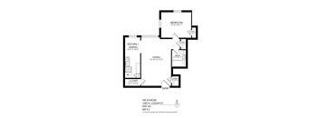 A floor plan for a home with a living room, dining area, kitchen, and bedroom.