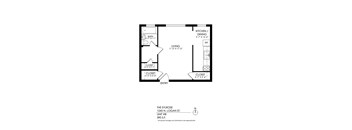 A black and white drawing of a floor plan for a living space.