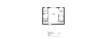 A black and white image of a floor plan for a one bedroom apartment.