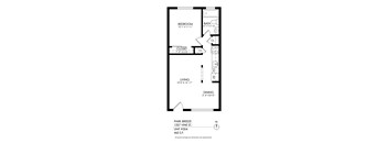 A black and white image of a floor plan for a one bedroom apartment.