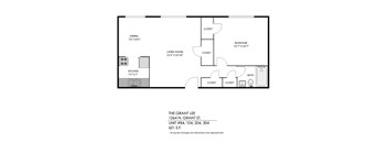 A black and white image of a floor plan for a one bedroom apartment.