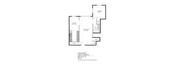 A floor plan of a living space with a kitchen, bathroom and bedroom.