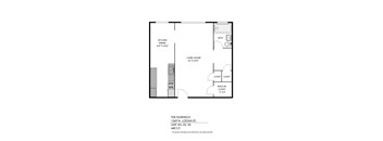 A floor plan of a one bedroom apartment with a living room, kitchen, and bath.