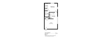 A floor plan for a small apartment with a living room, kitchen, bathroom, and bedroom.