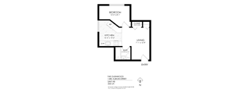A black and white image of a floor plan for a one bedroom apartment.