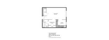 A floor plan of a small apartment with a living room, dressing room, kitchen and bathroom.
