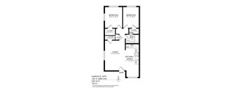 A floor plan of an apartment at Marion St. APTS showing two bedrooms, a living room, a kitchen, a dining room, and two closets.