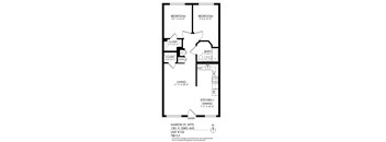 A floor plan of an apartment with two bedrooms, a living room, kitchen, dining room, and two closets.