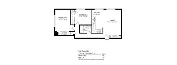 A floor plan of a house with a living room, two bedrooms, a bathroom, a kitchen, and a closet.