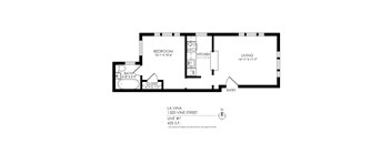 A floor plan of a one bedroom apartment with a living room and kitchen.