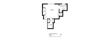 A floor plan of a home with a living space, kitchen, bathroom and two closets.