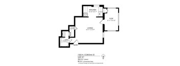 A black and white image of a floor plan for a 90 square feet apartment.