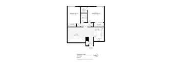 A black and white image of a floor plan for a two bedroom apartment.