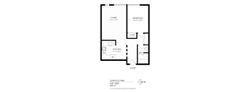 A floor plan of a unit at Garfield Park shows a living room, kitchen, and bedroom.