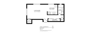 A black and white image of a floor plan for a unit at 1335 N. Monroe St.