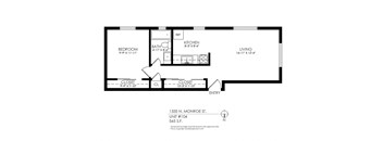 A floor plan of an apartment at 1335 N. Monroe St., Unit #104, showing a bedroom, kitchen, living room, and bathroom.
