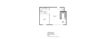 A floor plan of a Cheesman Arms apartment showing a living room, two bedrooms, a kitchen and a bathroom.