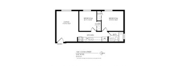 a floor plan of a studio apartment with a bedroom and a living room