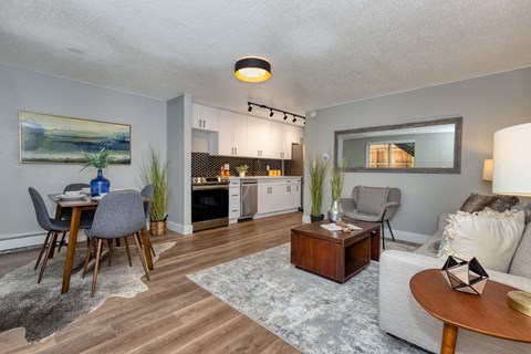 a living room with a couch and a table