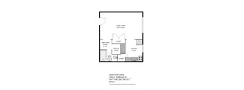 A floor plan of a one bedroom apartment with a living room, kitchen and bath.