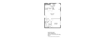 A floor plan of a home with a kitchen, living room, and bedroom.
