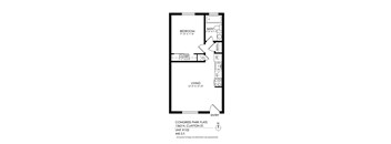 A drawing of a bedroom with a living area, a closet, and a bathroom.