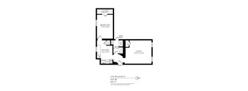 A floor plan of a one bedroom apartment with a living room and kitchen.