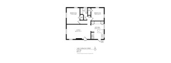 A black and white image of a floor plan for a home with two bedrooms, a living room, a kitchen, and a pantry.