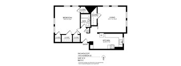 A floor plan of a one bedroom apartment at The Wolcott.