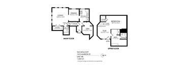 A floor plan for a one bedroom apartment with a living room, dining room, kitchen, den, and bathroom.