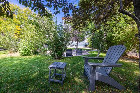 a lawn with a chair and a table