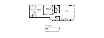 A floor plan of a one bedroom apartment at The Wolcott.