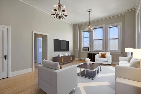 a rendering of a living room with white furniture and a tv