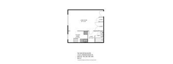 A black and white image of a floor plan for a living room, kitchen, and bathroom.