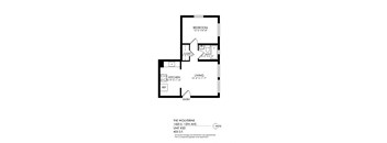 A black and white image of a floor plan for a one bedroom apartment.