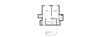 A black and white image of a floor plan for a home with a living room, bedroom, kitchen, and dining area.