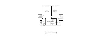 A black and white image of a floor plan for a home with a living room, bedroom, kitchen, and dining area.