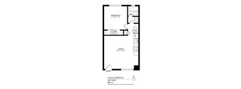 A black and white image of a floor plan for an apartment at 1445 N. Detroit St., Unit #204, showing a bedroom, living room, bathroom, and closets.