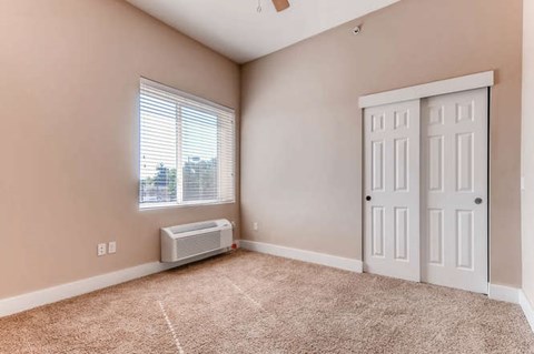 A room with a window, a door, and a carpeted floor.