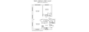 A floor plan of a small apartment with a bedroom, bathroom, and kitchen.