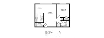 A black and white image of a floor plan for a one bedroom apartment.