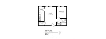 A black and white image of a floor plan for a one bedroom apartment.