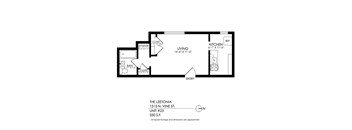A black and white drawing of a floor plan for a living space.