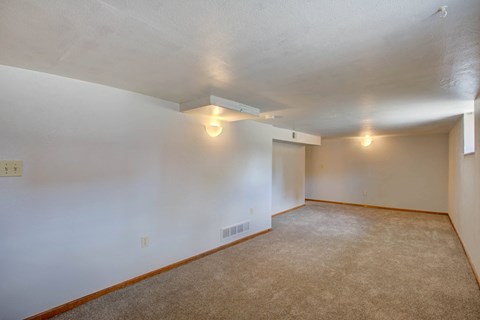 A room with carpeted floor and two lights on the ceiling.