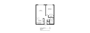 A floor plan for a small apartment with a living room, bedroom, kitchen, and entry.