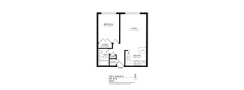 A floor plan of a small apartment with a bedroom, living room, kitchen, and bathroom.