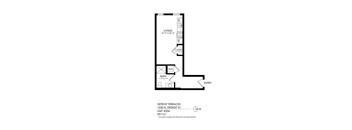 A black and white drawing of a floor plan for a living space.